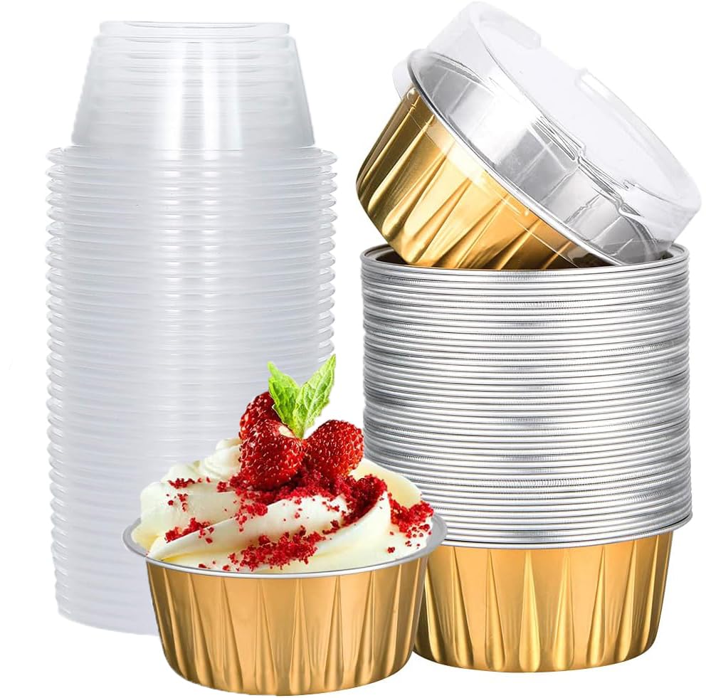 Recopilación de Moldes individuales para magdalenas . 50 Tazas de Postre con Tapa, 25 Piezas Tazas para Hornear Tartas con Tapa, 5 onzas Tazas de Papel de Aluminio, Mini Moldes de Aluminio para Tarta, Moldes Para Magdalenas Con Tapas...