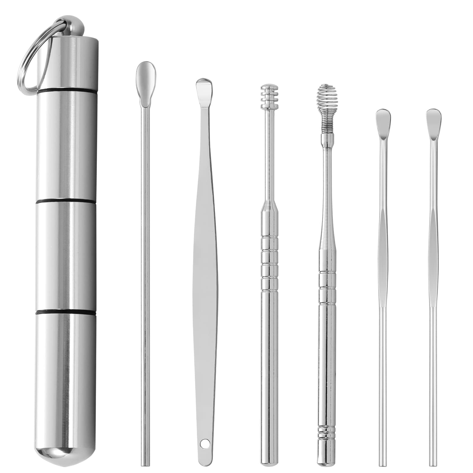 Cucchiaio per Orecchie Kit di Rimozione del Cerume Pulisci Orecchie in Acciaio Inossidabile con Scatola Portatile Argento 6 Pezzi