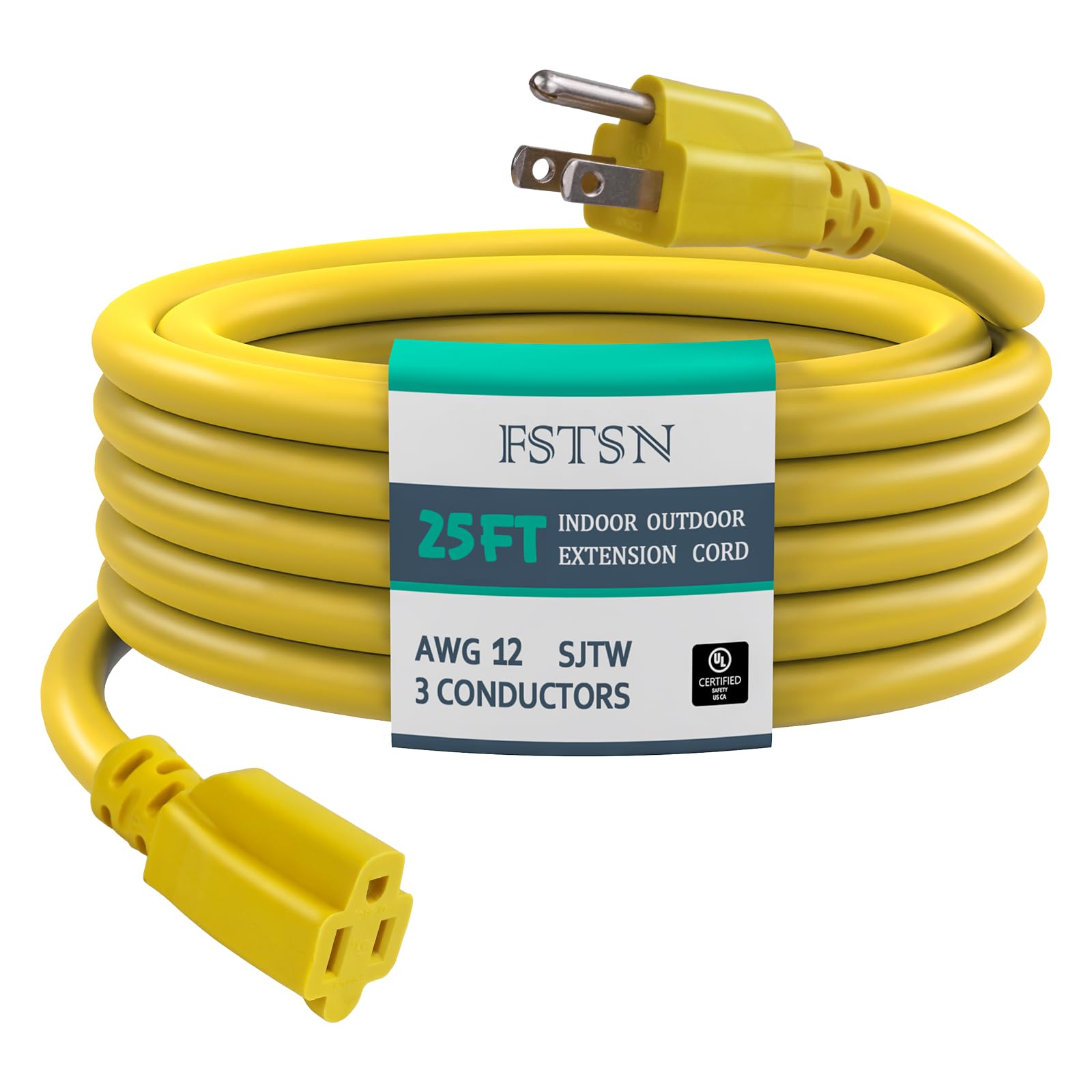 25 ft Heavy Duty Extension Cord Yellow - 12/3 SJTW 15 AMP Indoor/Outdoor Power Cord with 3 Prong Grounded Plug for Lawn Mower, Appliances, Workshop, Water Resistant Flexible Cable.