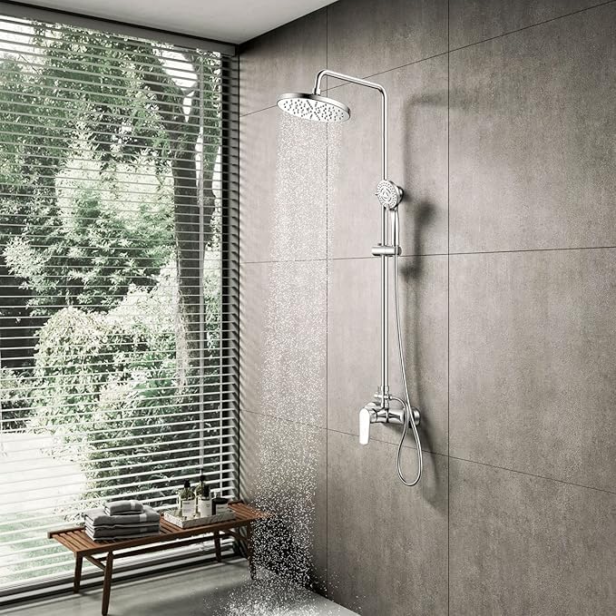 Columna Ducha Monomando YOOZENA, Duchas de Baño Columna Extensible con Grifo, Alcachofa de Ducha con Manguera, Ducha Lluvia, Cromado Redondo