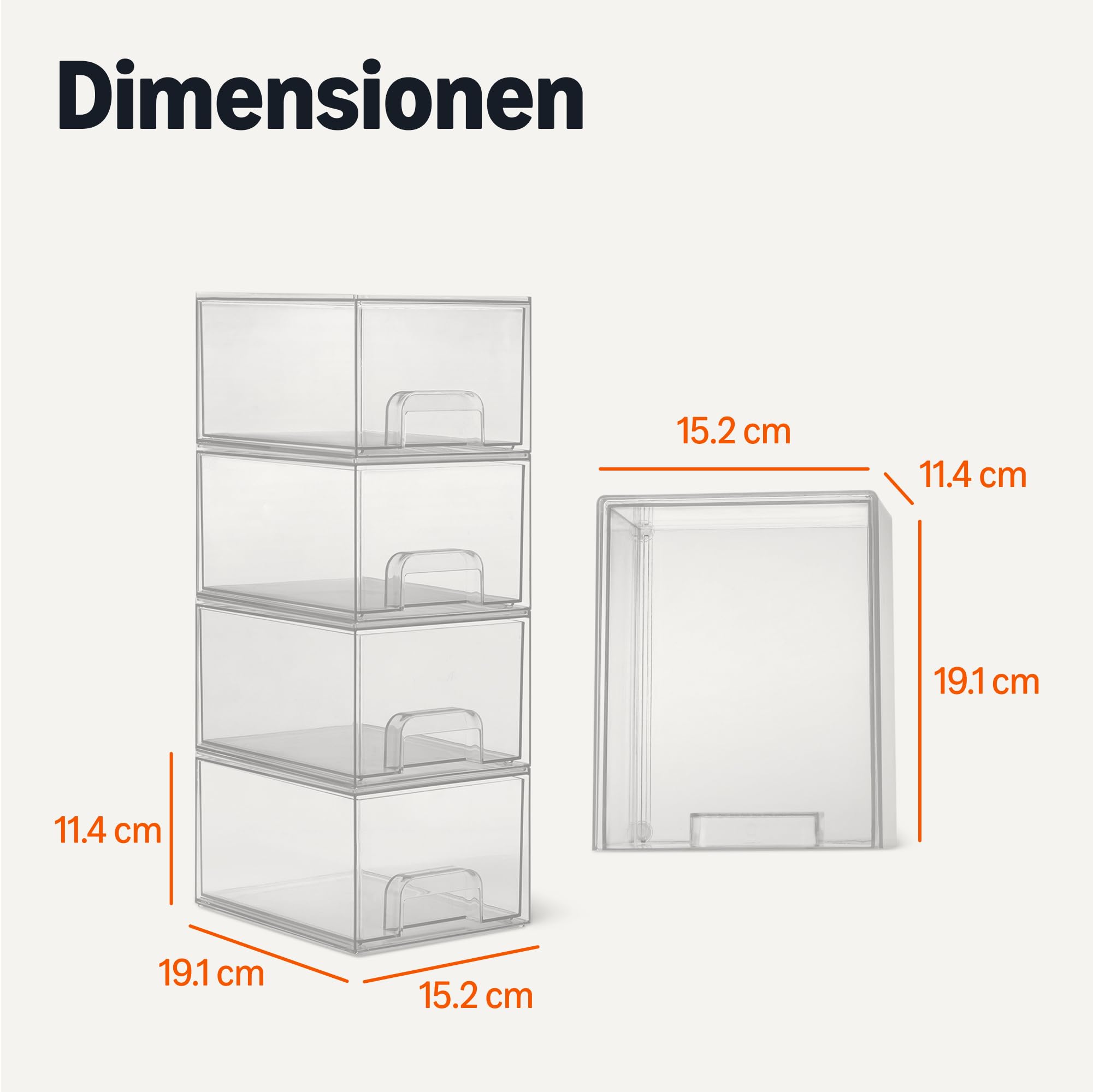 Amazon Basics Stapelbare Aufbewahrungsschubladen aus Kunststoff, Aufbewahrungsbox, Make-up-Organizer, Transparent, 19,1cm x 15,2cm x 11,4cm, 4er-Pack