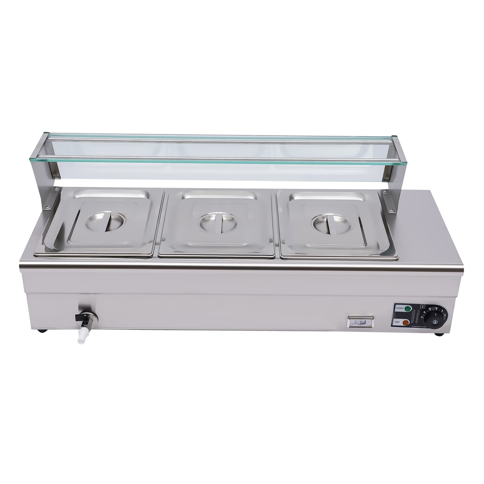 1200 W scaldavivande elettrico in acciaio inox 3 padelle x 1/2 GN bagnomaria con rubinetto di scarico, piano di lavoro elettrico, termostato regolabile 30-80 ℃