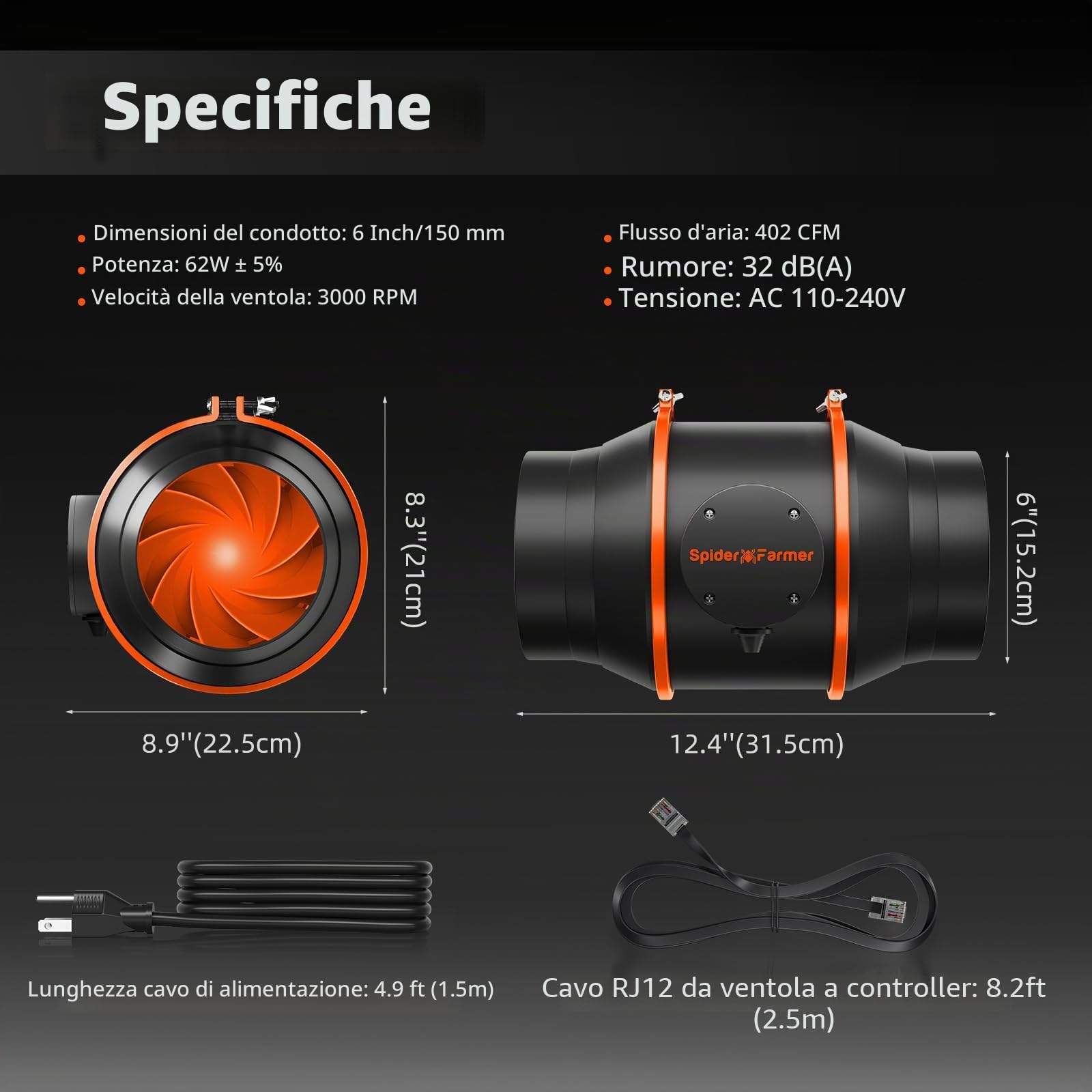 SPIDER FARMER 15cm Inline Duct Fan con Controllo Della Temperatura e Dell'umidità Ventilation Exhaust Fan per Tende da Coltivazione, Armadietti, Idroponica, Ventilatori di Aumento del Flusso D'aria
