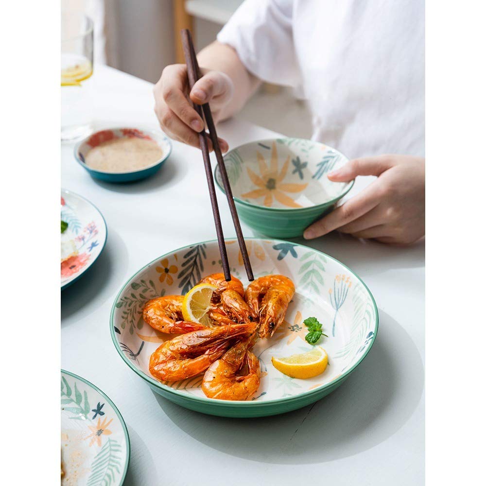 Générique Bol à Ramen, Couverts en céramique de Style Japonais, Bol à Riz de 5 Pouces, Assiettes à dîner de 8 Pouces, sous-Assiettes à Fleurs émaillées, Assiettes à dîner à imprimé Floral