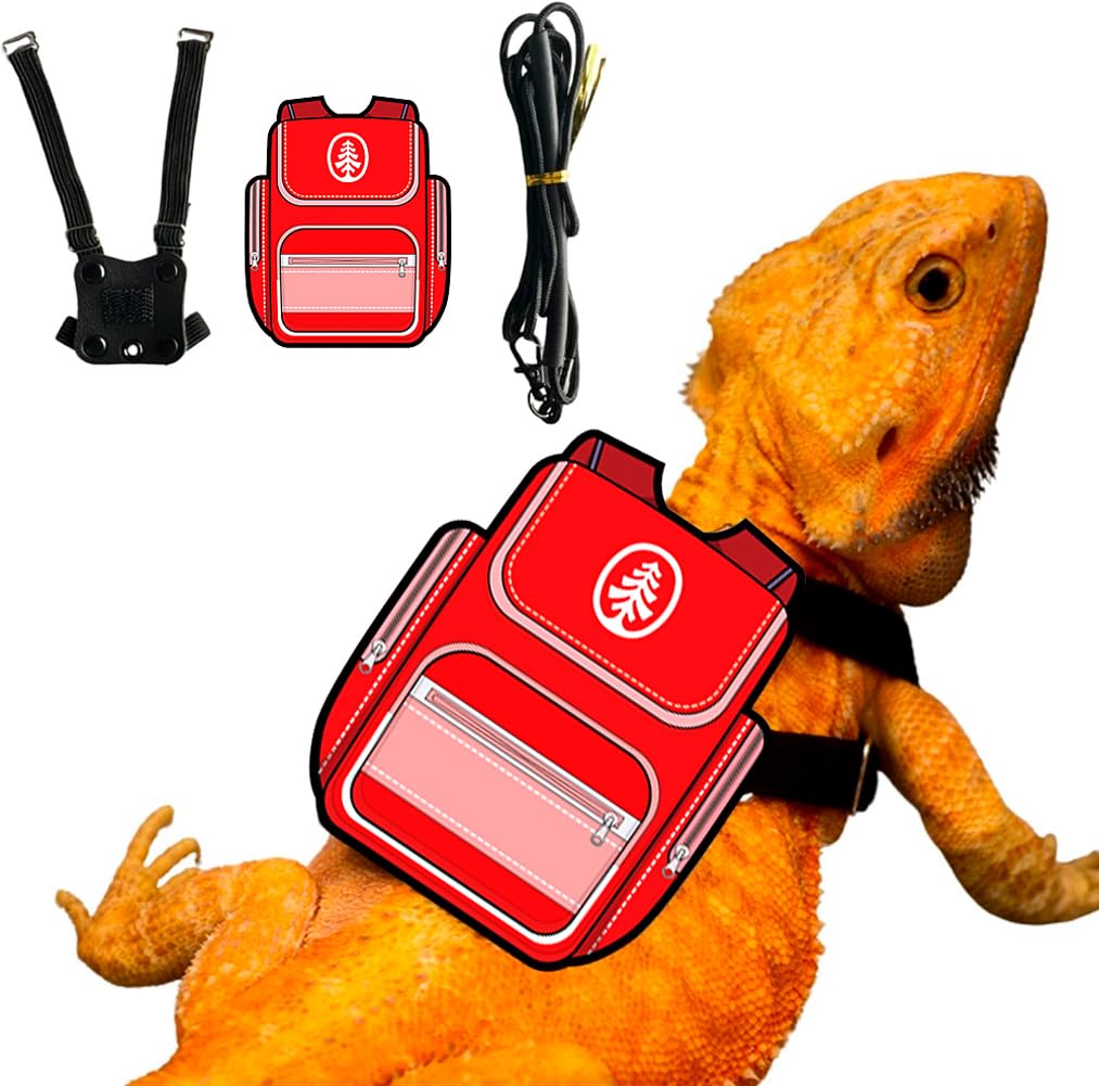 Bearded Dragon Harness Leash Soft Leather Harness with Backpack Patch Adjustable Strap Outside Walk Training Leash for Reptile Lizard Amphibians (Red)