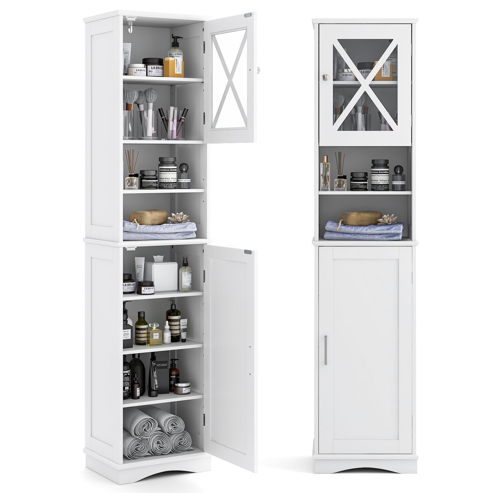 COSTWAY Armario Alto, Mueble Columna de Baño con 2 Puertas y 2 Compartimentos Abiertos, Armario Independiente de Despensa con 5 Estantes Ajustables, Mueble Estrecho con Dispositivo Antivuelco