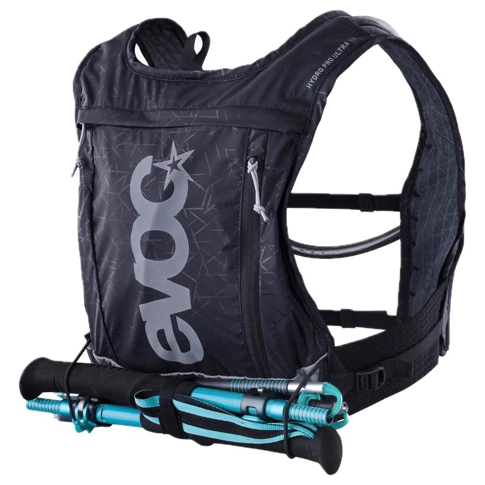 Zaino idratante EVOC HYDRO PRO ULTRA 1,5, zaino con sacca idrica da 1,5 l per l'uso in gara (vestibilità aderente al corpo, tasche facilmente accessibili, zaino riflettente), nero