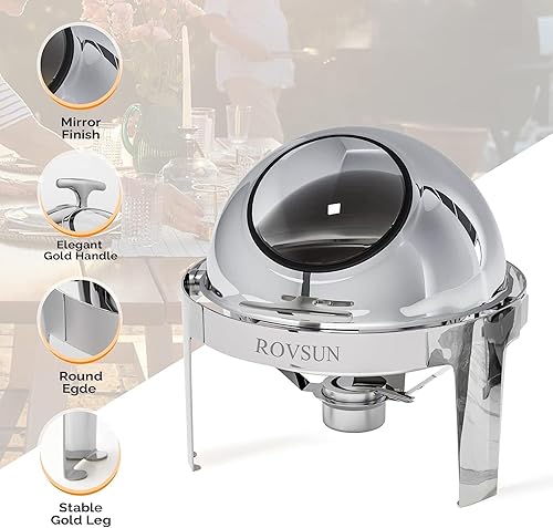 Miniatura 7 de ROVSUN Juego de bufé redondo de 6 cuartos de galón con parte superior enrollada, acero inoxidable para catering, calentador de alimentos con ventana