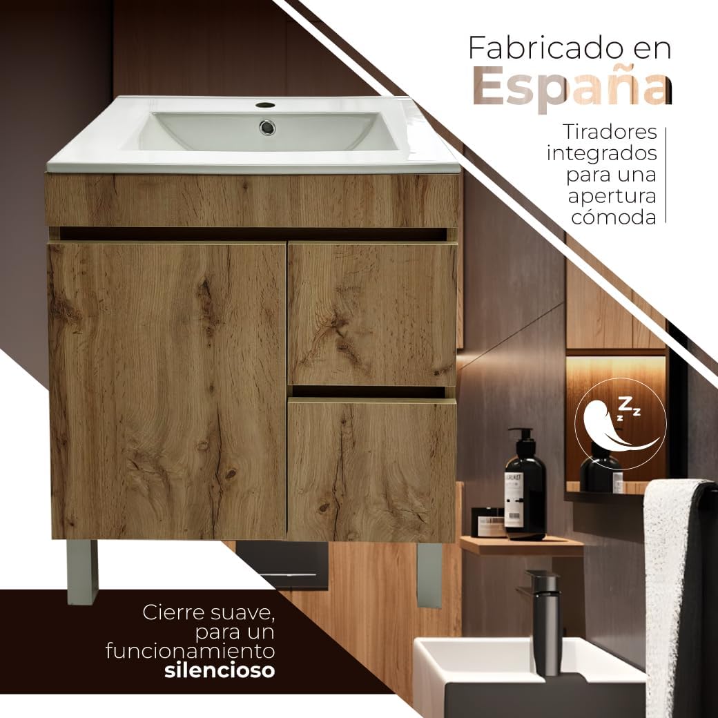 Juego Mueble Baño con Lavabo. Mueble Lavabo 60 cm. Mueble Bajo Lavabo Compacto Preinstalado de Fábrica. Mueble Baño con Lavabo 60 cm con Pie de Porcelana. No Incluye Espejo.