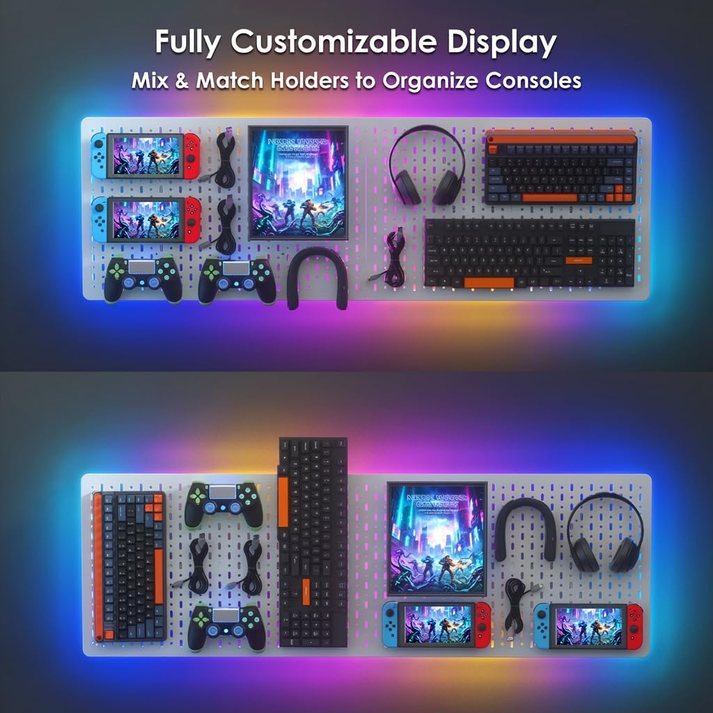 Pegboard Wall Organizer with Built-in RGB Ambient Lighting Strip, White Peg Board with Hooks for Office, Kitchen, Gaming Room, Desk Storage Display Rack, 2PCS 22 * 14.8 inch