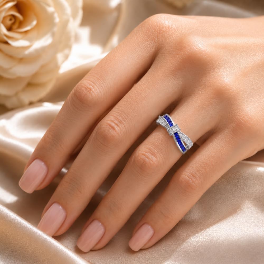 1 Ct Blue Sapphire Crystal Promise Engagement Ring September Birthstone Cubic Zirconia Ring for Women White Gold Plated
