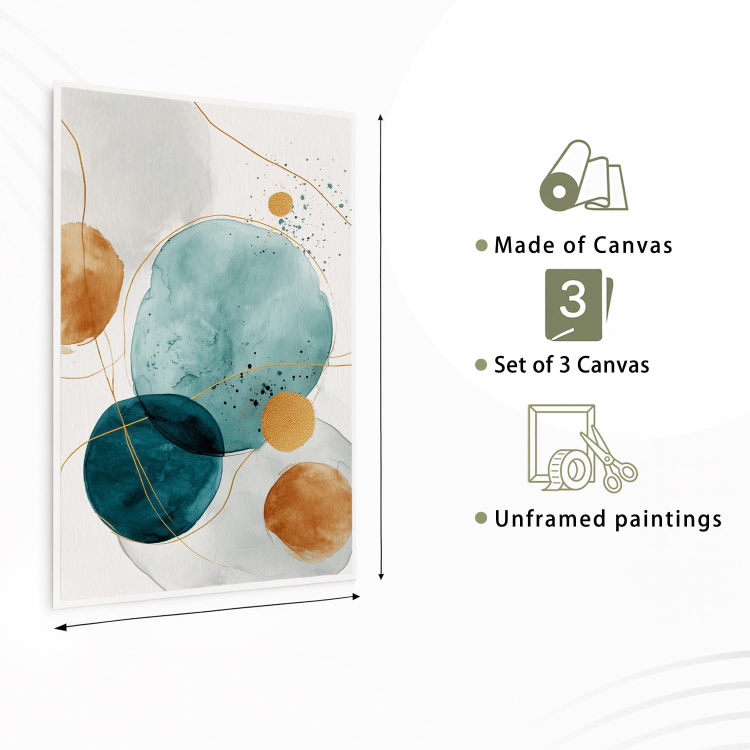 3er Set Wandbild Leinwand, Abstract Watercolour HD-Druck Poster auf Leinwand Wandkunst, Luxus Exquisit Gold Dunkles Petrol Rund Punktmuster Wanddeko für Wohnzimmer Schlafzimmer und Büro, 50 x 70 cm