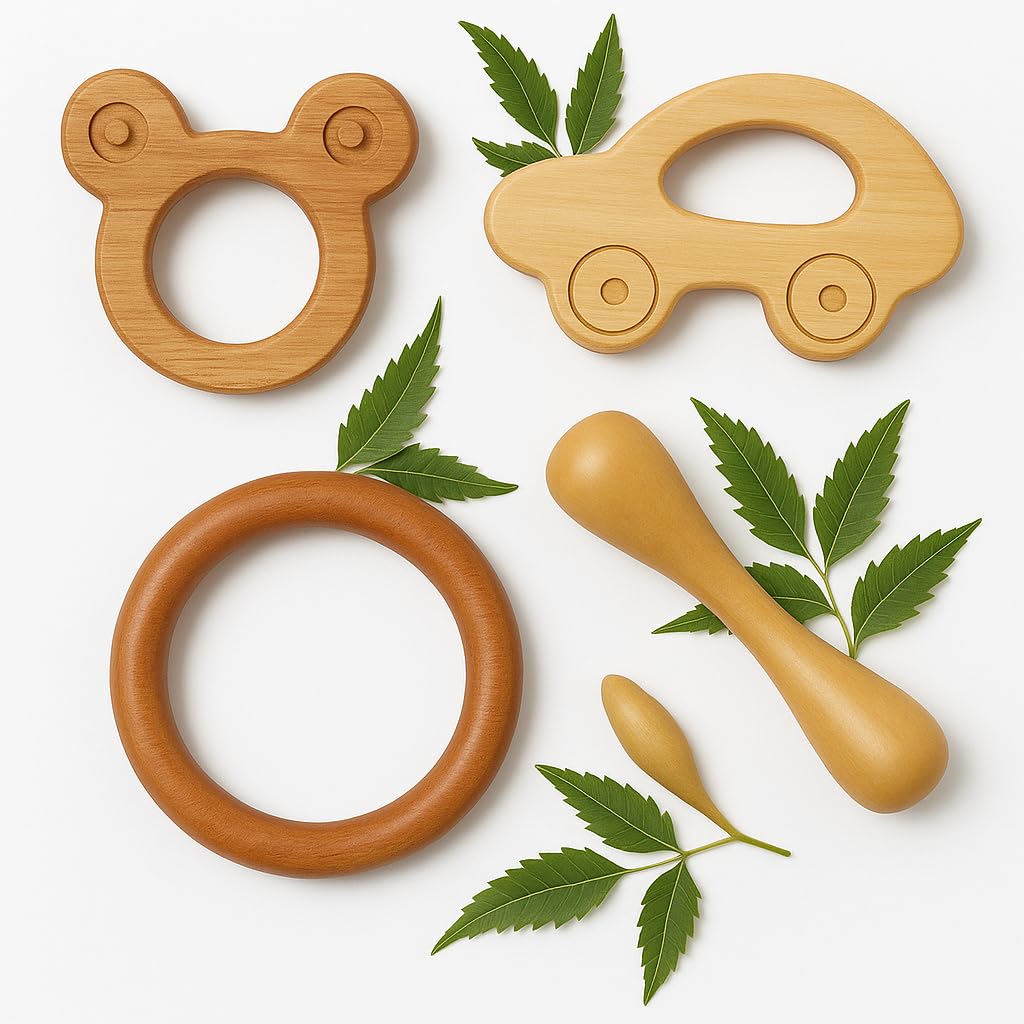 Shark Doo Doo® Neem Wood Baby Teether Combo (Mickey, Car, Ring & Stick) | Organic & Handcrafted | Chemical-Free, Antibacterial Teething Toy for Babies-image-22