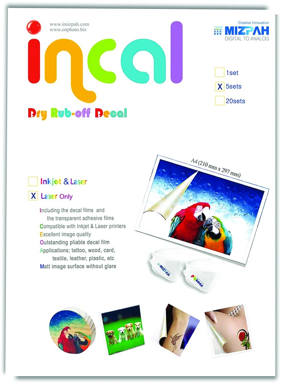 [Incal] Película de calcomanía para impresora láser: 5 juegos, A4 (8.3 x 11.7 pulgadas) – Premium imprimible en seco frotar en la transferencia; DIY Hobby craft, transferencia personalizada