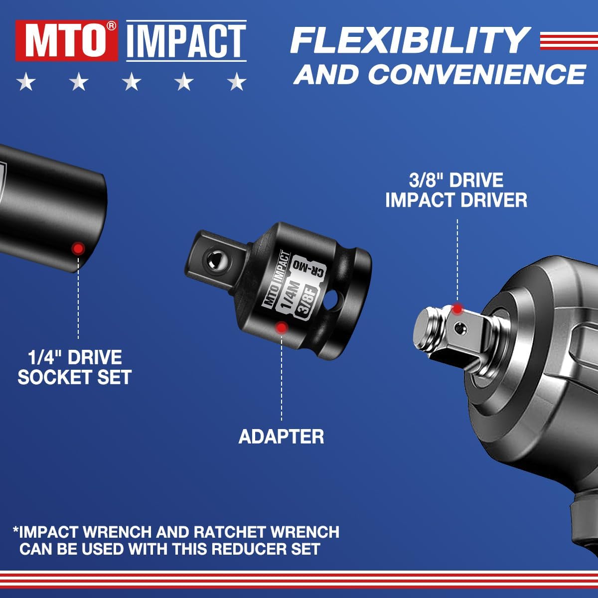 MTO 2-Piece 3/8" Female to 1/4" Male Impact Socket Adapter, 3/8-Inch Impact Socket Reducer, Chrome Molybdenum Alloy Steel, for Impact Wrench & Ratchet Use