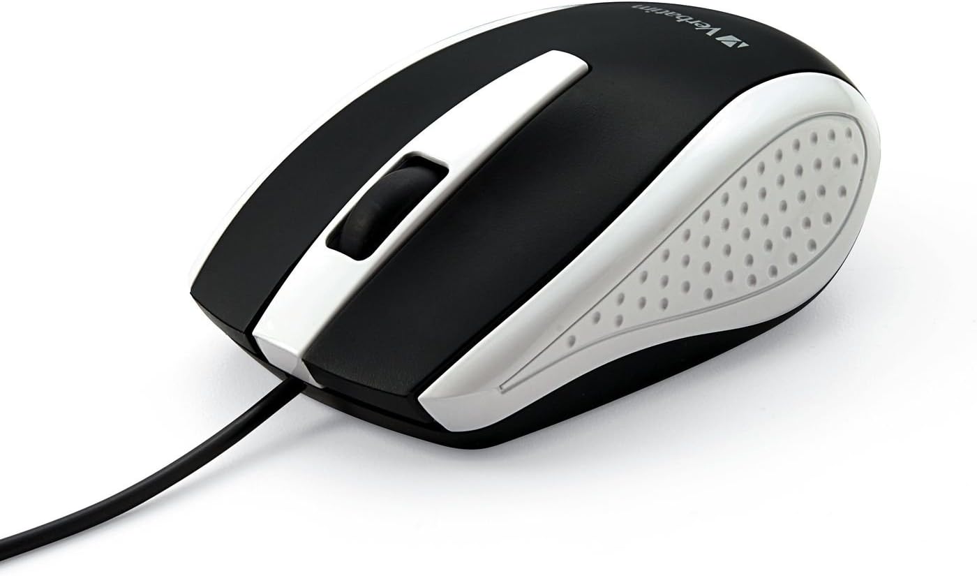 Verbatim Wired USB Computer Mouse - Corded USB Mouse for Laptops and PCs - Right or Left Hand Use, White 99740, 1.4" x 2.4" x 3.9"