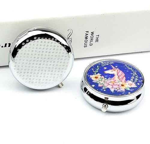 Miniatura 5 de Pastillero con diseño de unicornio con flores azules, 2 compartimentos, pastillero portátil, organizador de pastillas de viaje
