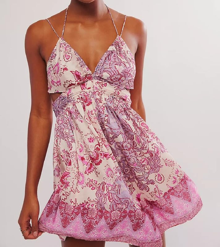 Image of Women Boho Floral Mini Cami Dress Spaghetti Strap Flowy Sling Dress Graphic Backless Summer Holiday Sundress