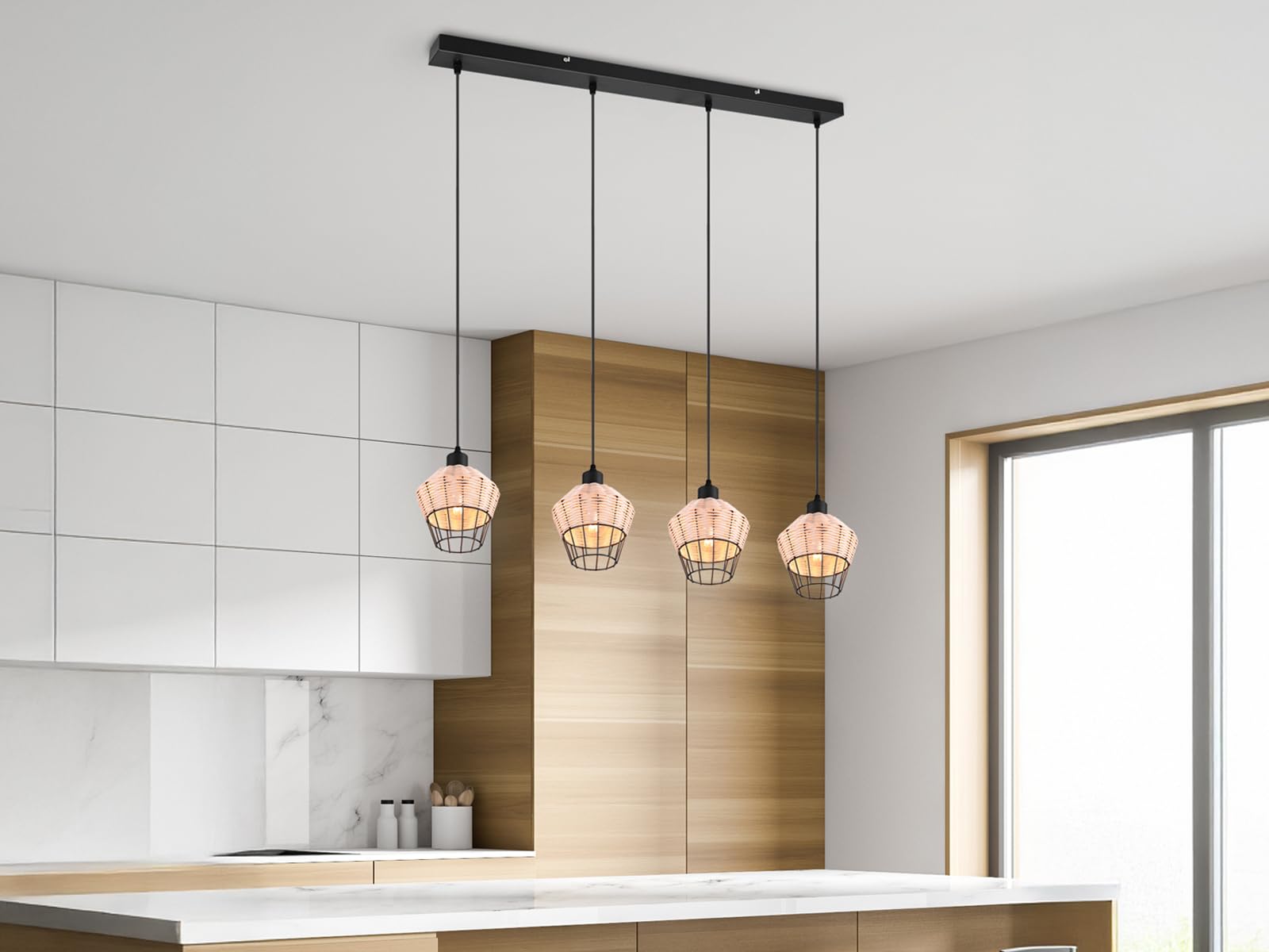 Lampa wisząca LED, czarna, rattanowa, naturalna, 4 źródła światła