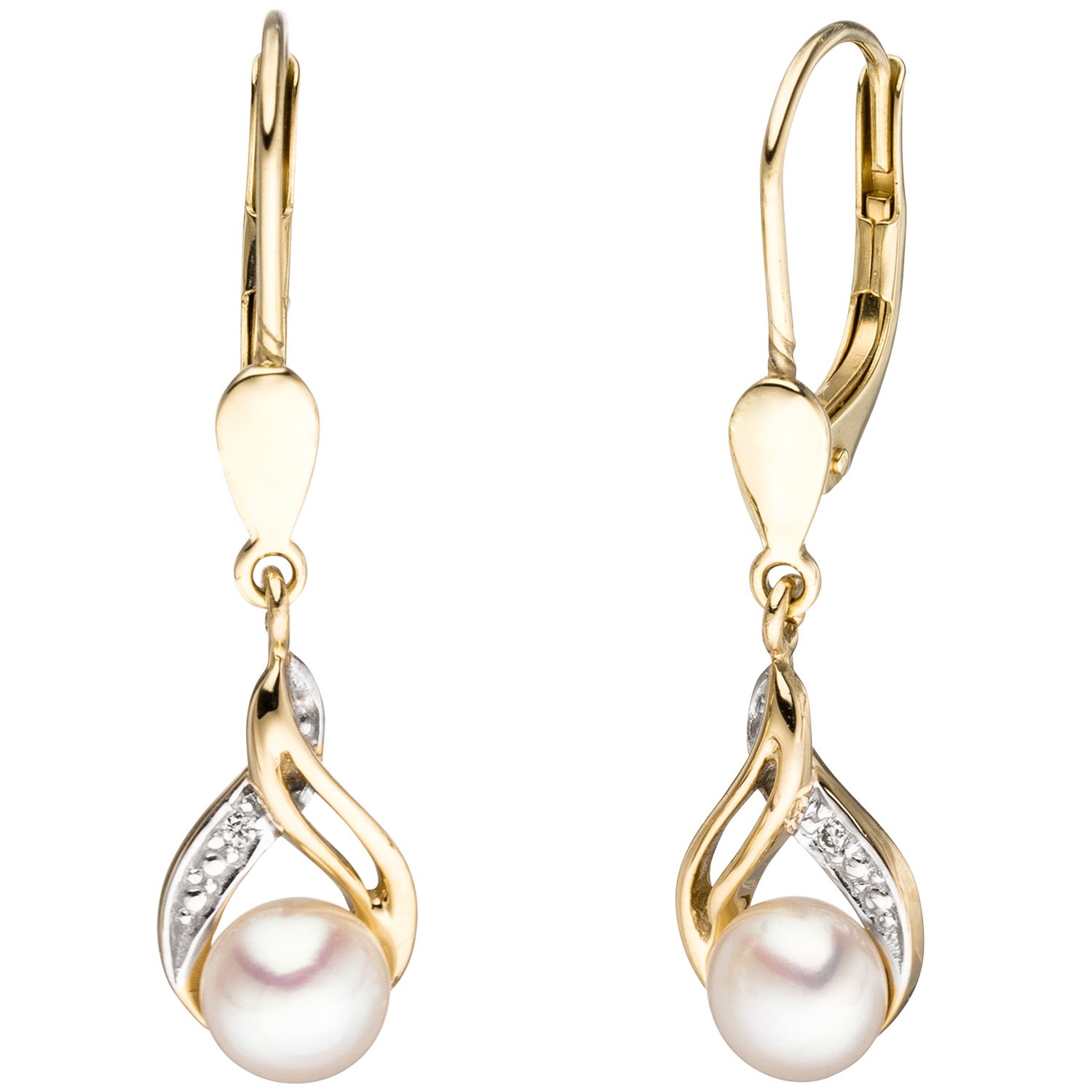 Jobo Damen-Ohrringe hängend aus 14 Karat 585 Gold mit Perlen und 2 Diamanten