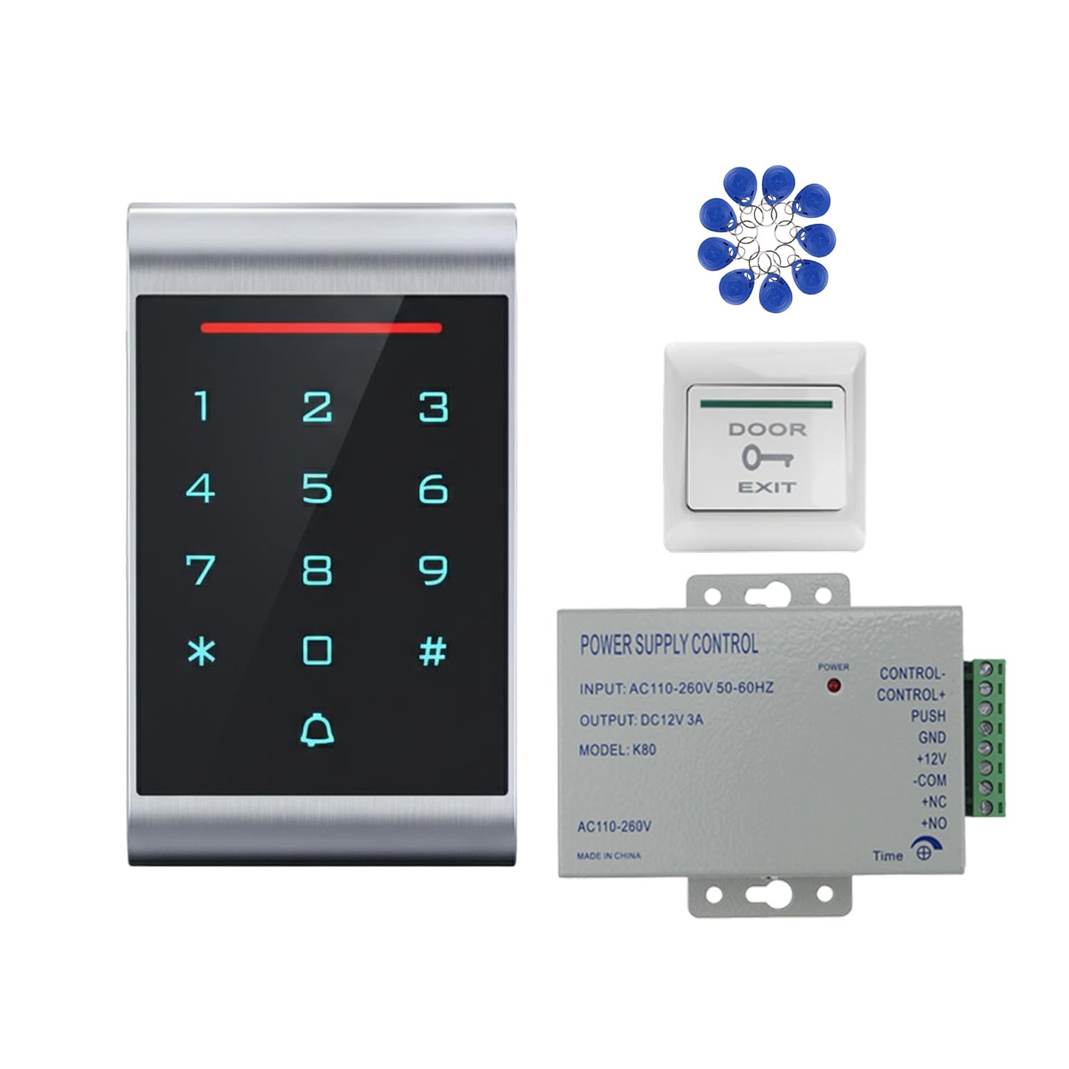 RFID Zutrittskontrollsystem Set mit Dualfrequenz (ID + IC/NFC), IP68 wasserdichter Codetaster mit beleuchteter Tastatur, DC 12V 3A Netzteil, Exit-Taster und 10× 125kHz RFID Schlüsselanhänger(3)