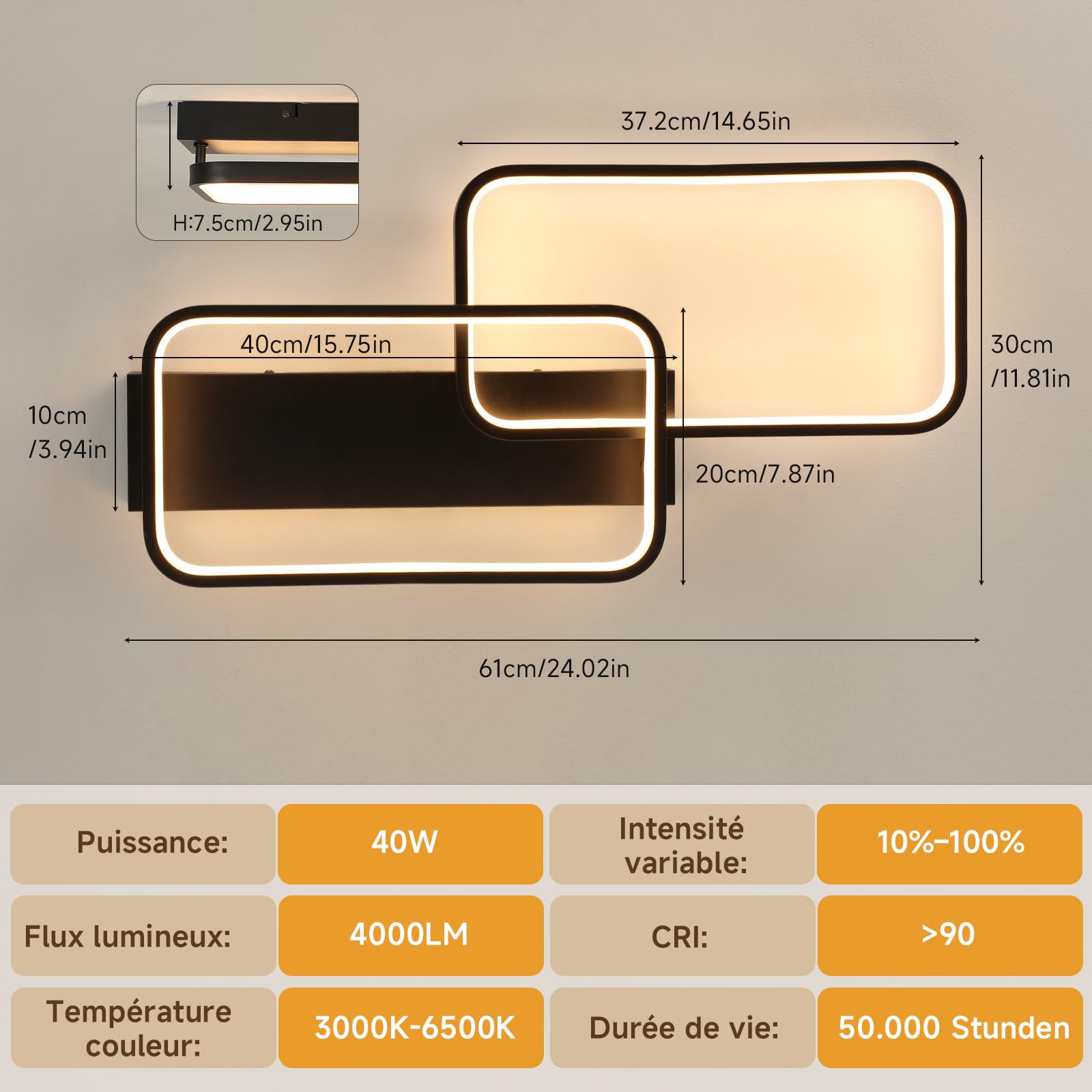OTREN Plafonnier LED 40W 4000lm, Réglable avec Télécommande 3000K-6500K, Mémoire et Verrouillage, Lumière Nocturne et Minuteur pour Salon, Chambre, Cuisine,61cm Noir