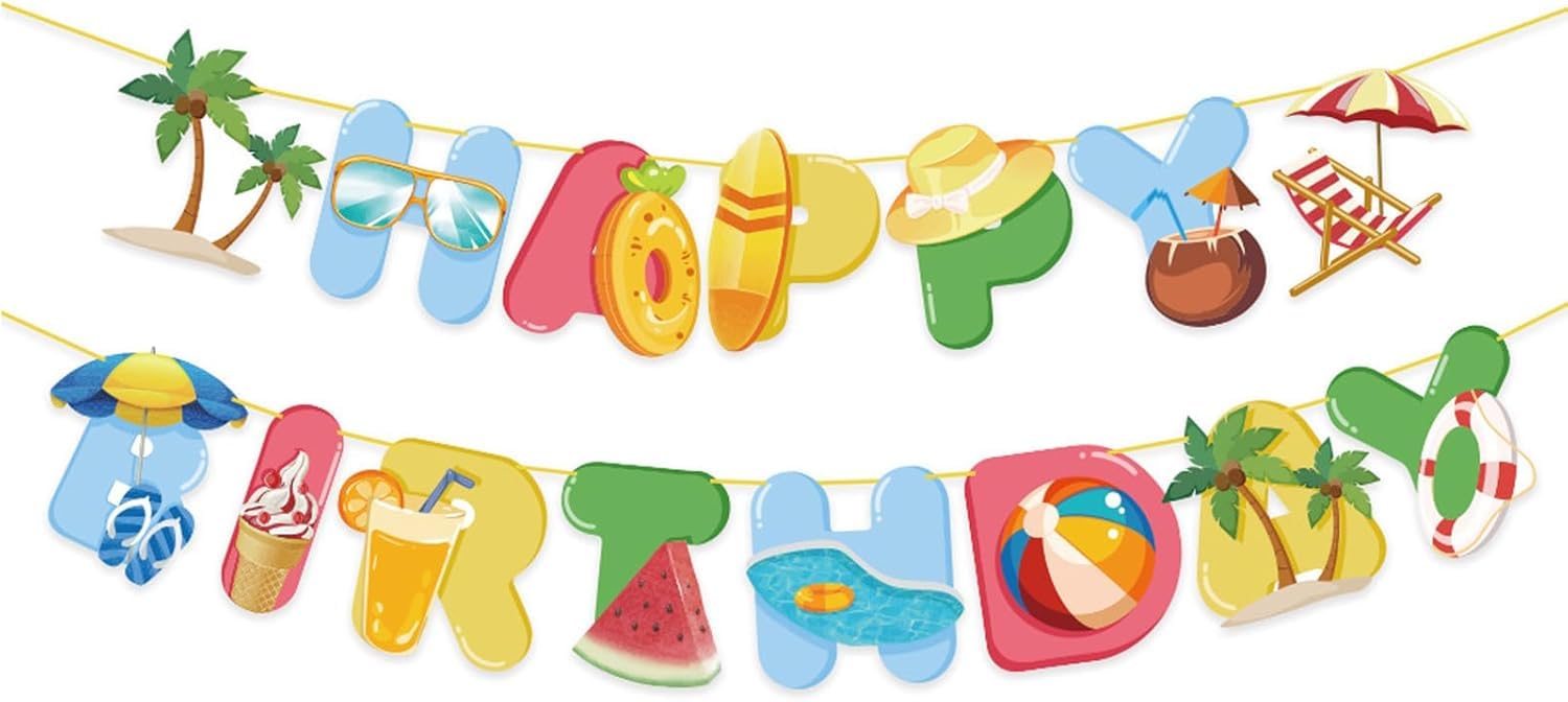 Beach Tropical Happy Birthday Banner, Pool Party Hawaiian Beach Themed Decorations, Ideal for Summer Swimming Pool Parties, Hawaiian Beach Birthdays & Tropical Celebrations (Orange Seaside)