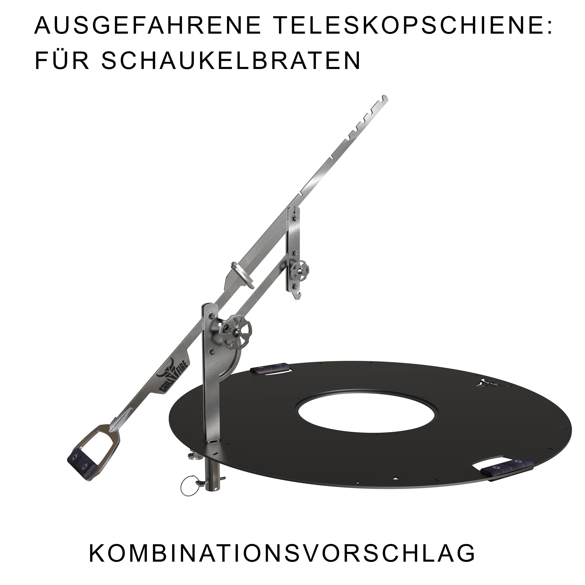 Grillfire XT-SET GRILLHAND – Höhenverstellbarer Edelstahl-Grillarm für FX-Feuerplatten | Werkzeuglos montierbar | Mit Lampenhalter & Zubehörfunktion für Dutch Oven & Schaukelrost