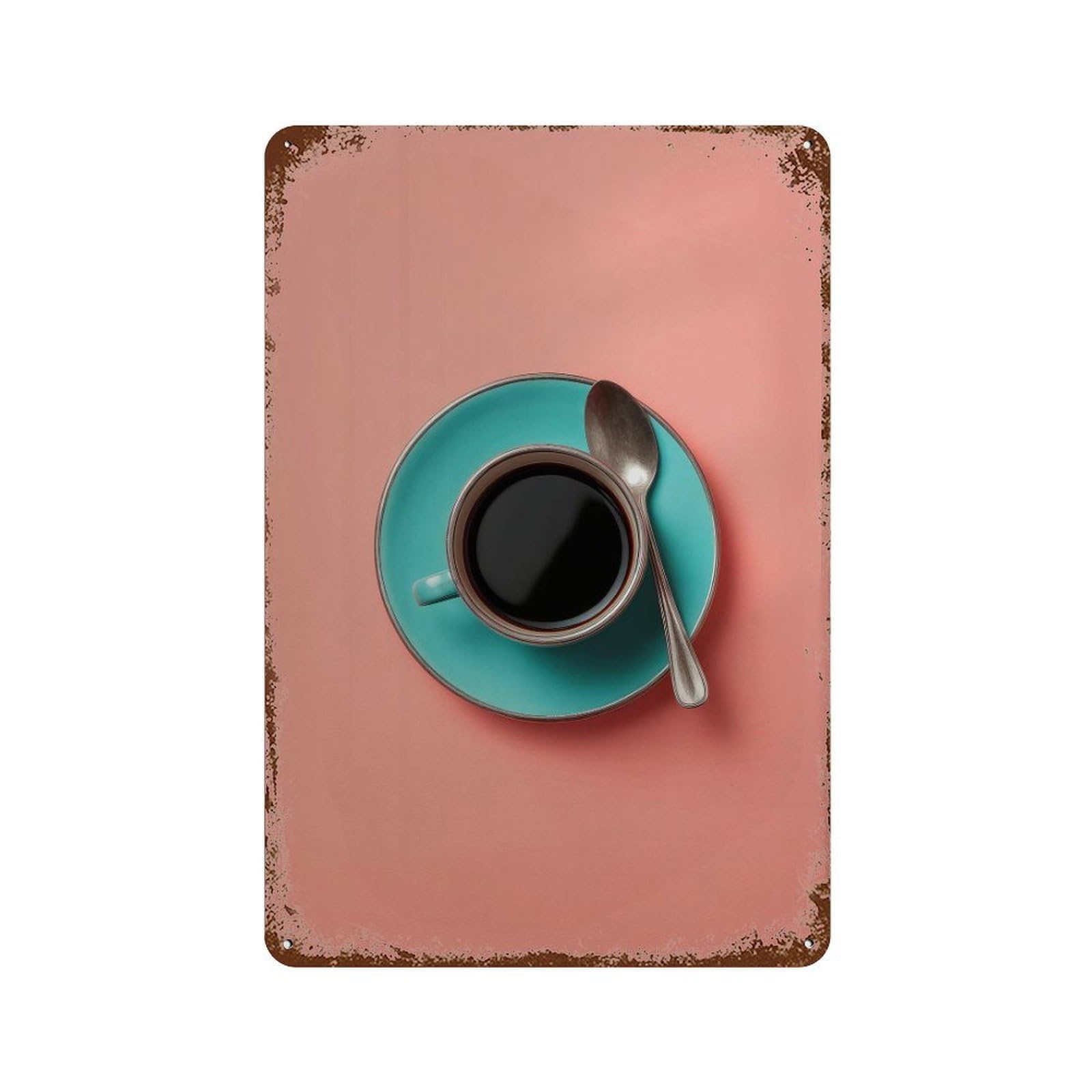 xiaoxiaoshen Coffee Blue Saucer Cup on Pink Background Wall Decor Art Metal Tin Poster Modern Home Decor Art Home Bar Shop Decorations Vintage Sign 30x20cm