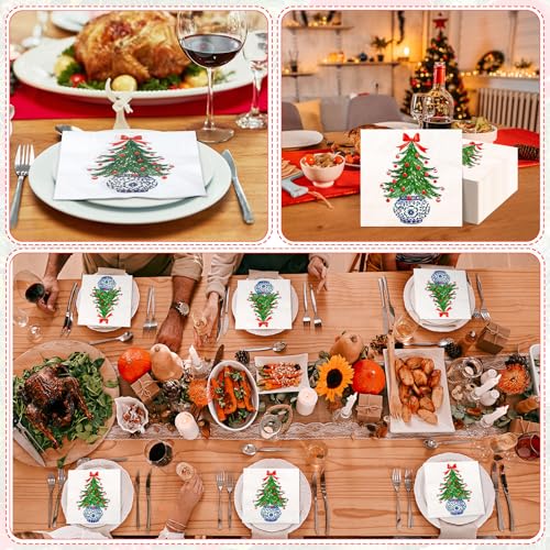 Epakh 50 Pcs Chinoiserie Christmas Tree Guest Napkins Disposable Paper Hand Towel for Bathroom with Christmas Tree Bow Blue and White Porcelain Print for Xmas Party Holiday Decoration (6.5 * 6.5inch) – Image 5