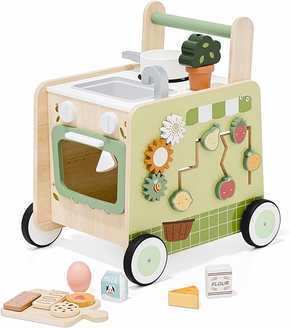 Baby Push Walker -Wooden Push Walker Montessori Toy- Toddler Learning Activity Walker for Girls Boys 1-3 Years - Pretend Kitchen Playset Ideal for Toddlers(Green )