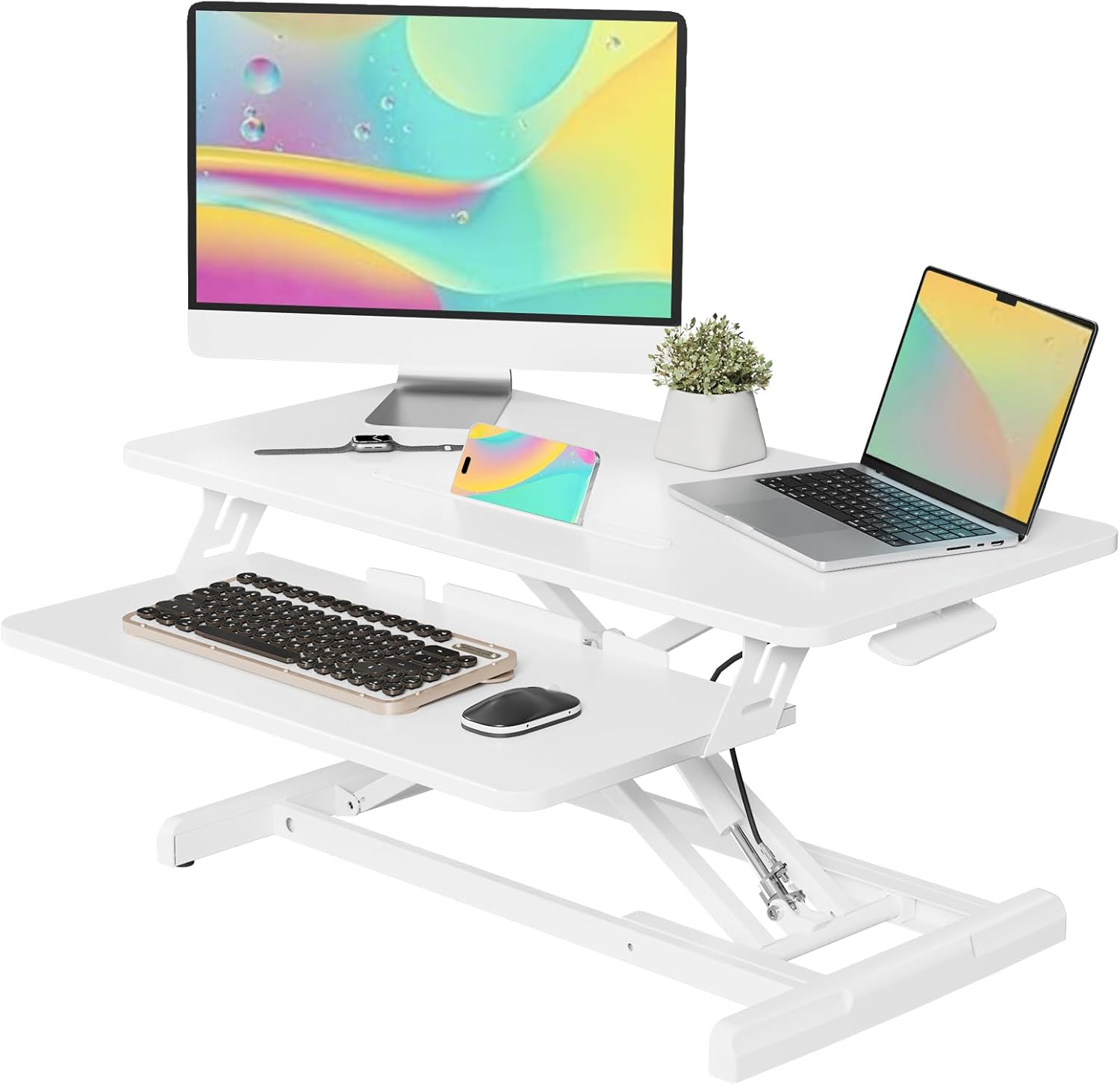 JOY worker Standing Desk Converter, 32" Wide Height Adjustable Sit Stand Up Desk Riser with Keyboard Tray, Desktop Workstation Riser for Home Office Computer Laptop, Particle Board, White White 32 Inch