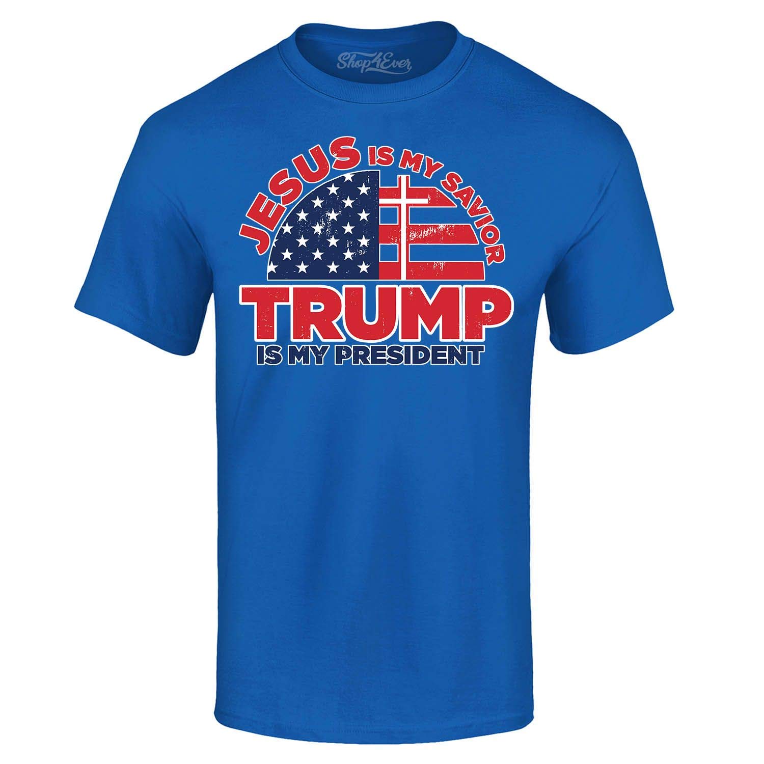 T-shirt Jesus is My Savior Trump bleu S imprimé double message