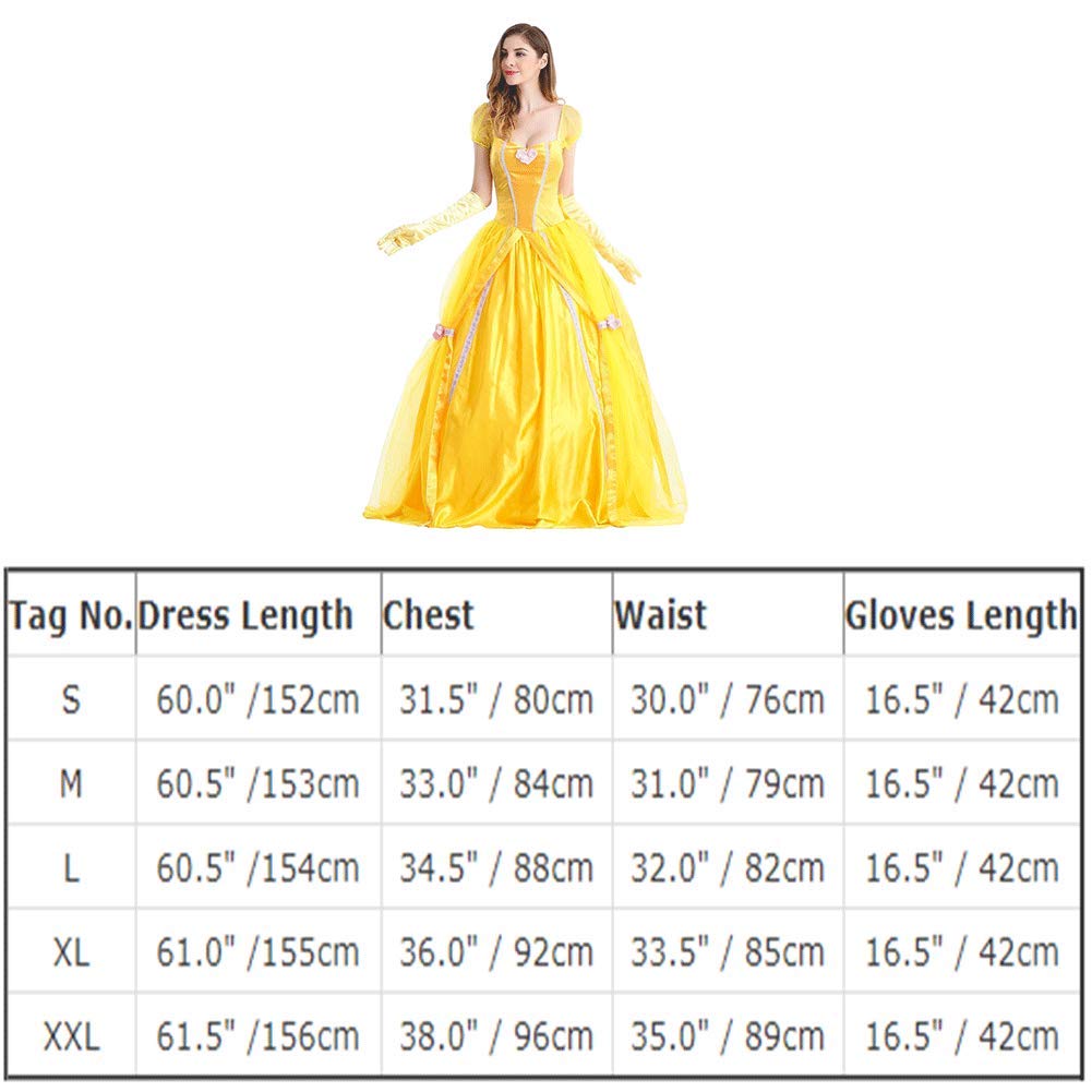 IWEMEK Femme Robe de Princesse Belle Fancy Dress Up Déguisement Adulte Halloween Carnaval Costume Cosplay La Belle et la Bête Jaune Longue Classique Robe de Soirée Fête Noël avec Gants