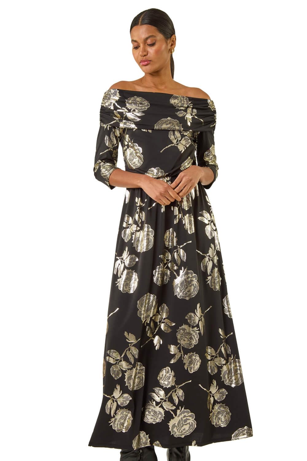 Roman Originals Floral Foil Bardot Midi Dress for Women UK - Ladies Everyday Autumn Winter Comfy Soft Evening Vacation Work Party Night Out - Gold - Size 12
