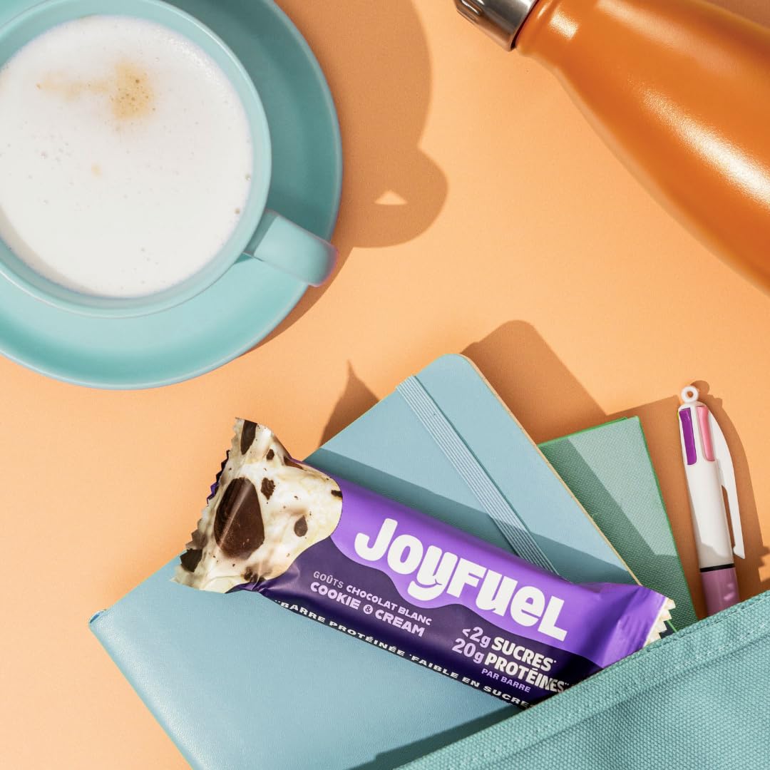 JOYFUEL Barrette proteiche – Gusto cioccolato bianco & Cookie & Cream – < 2 g di zucchero – 20 g di proteine – Scatola da 12 barrette x 55 g