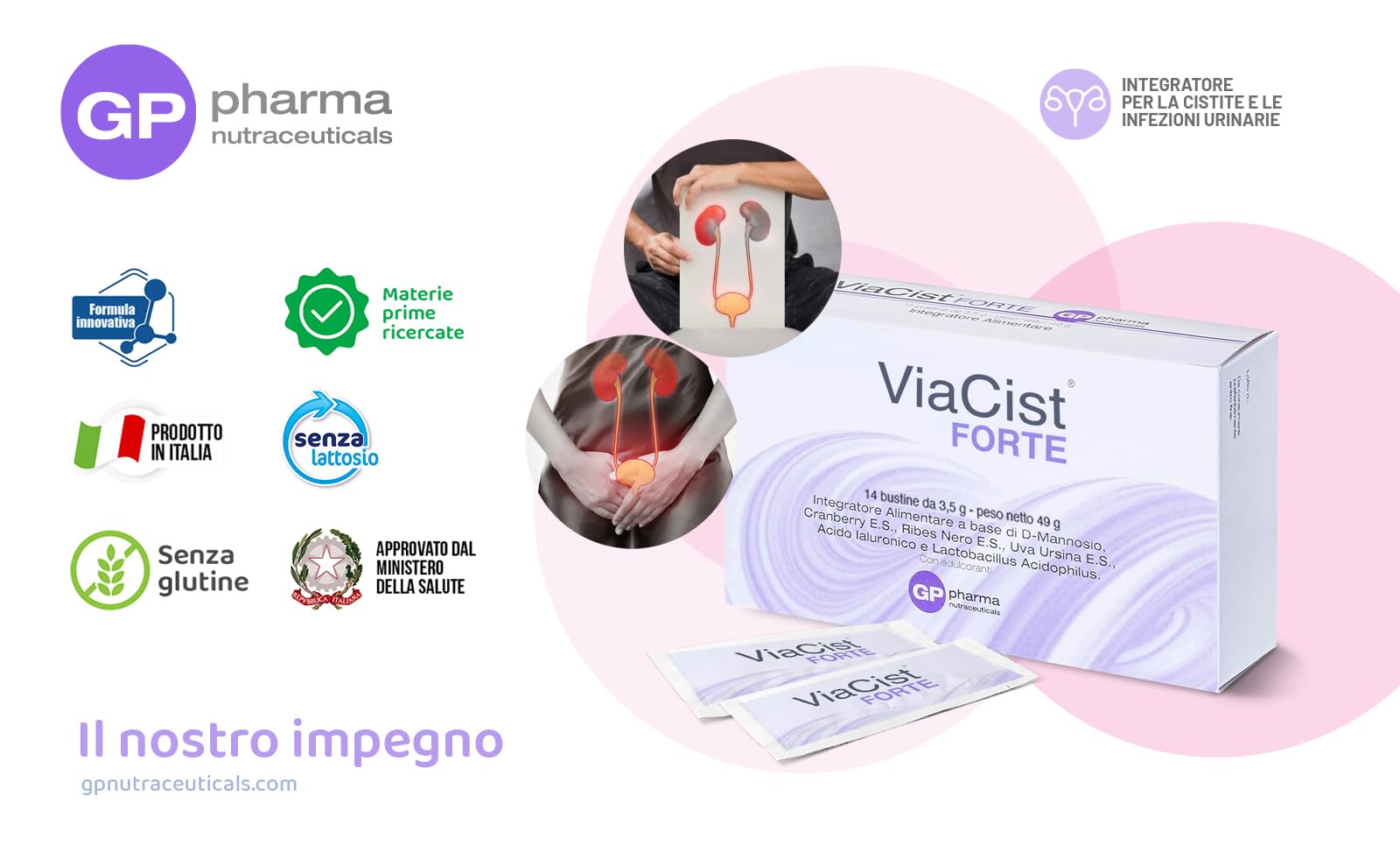 ViaCist® FORTE GP Nutraceuticals– Integratore Cistite Donna con D-Mannosio Puro, Probiotici, Acido Ialuronico e Ribes Nero – Supporto Vie Urinarie, Benessere Intimo Femminile e Difese Naturali
