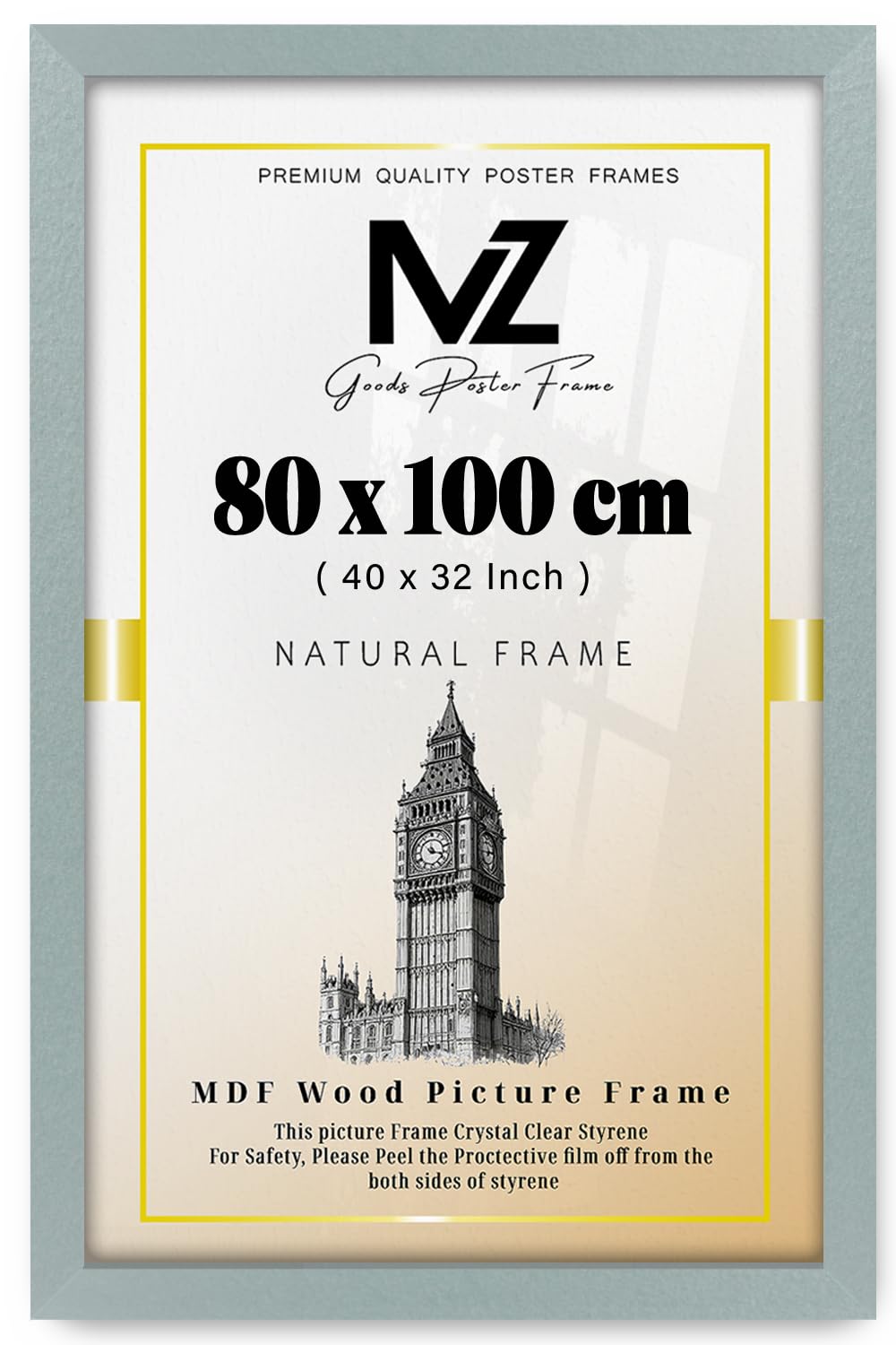 MZ GOODS | MDF Poster Frame (80 x 100 CM) 32" x 40" for Home & Office Décor, Classic MDF Wood Finish & Hanging Hooks for Easy Mounting [ Silver ]