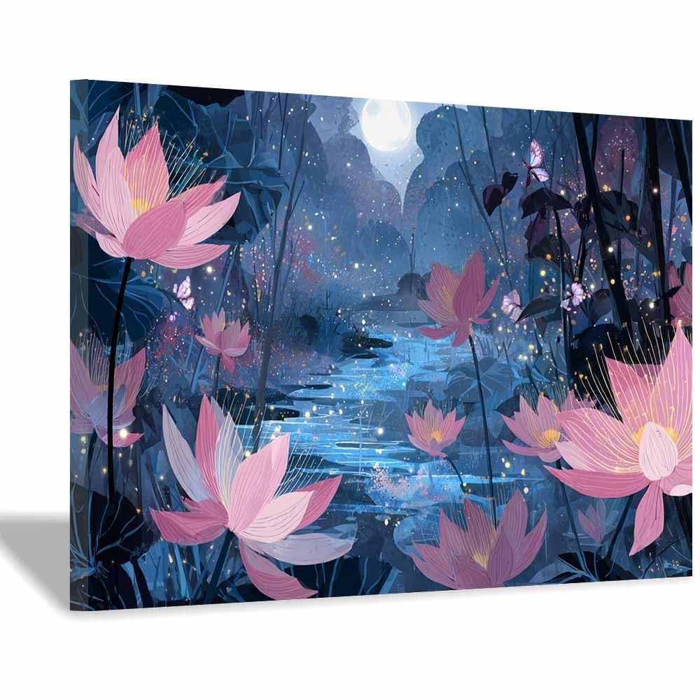 Xeniou Multicolor Flowers Wall Art Moonlit Lotuses Wall Art Canvas Wall Art, For Bedroom Office Home Decorations(Multicolor)-60X90cm Framed