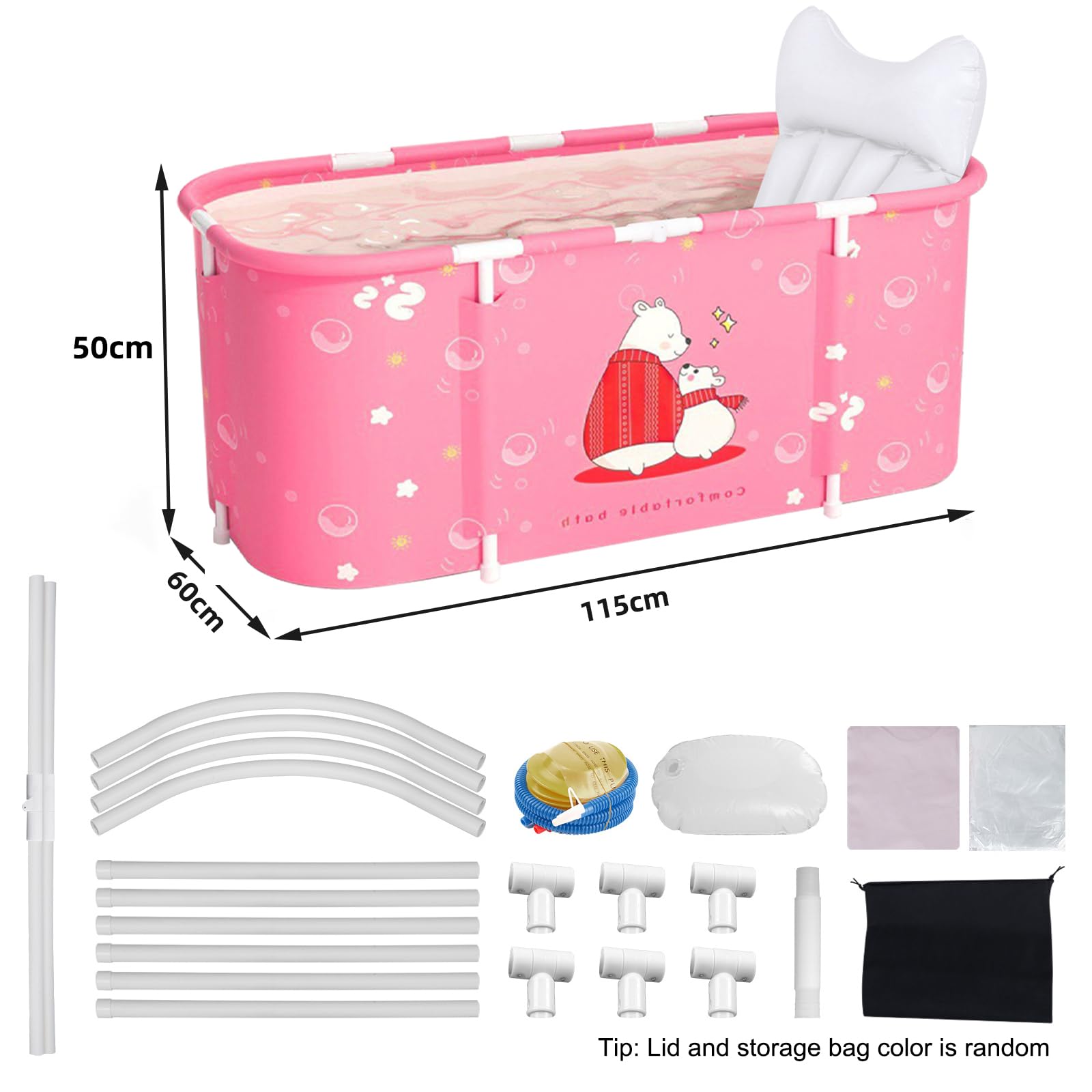 Baignoire Adulte Pliable 115x60x50cm, Baignoire Écologique et Portable, Installation Facile, Idéal pour Spa à Domicile et Douche (Rose)