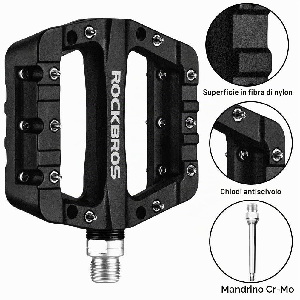 ROCKBROS Pedali per Bici MTB in Nylon Asse 9/16" Universali Pedali Bicicletta Flat con Cuscinetti, Impermeabile Antiscivolo Antipolvere Superficie Larga Leggeri Accessori Bici