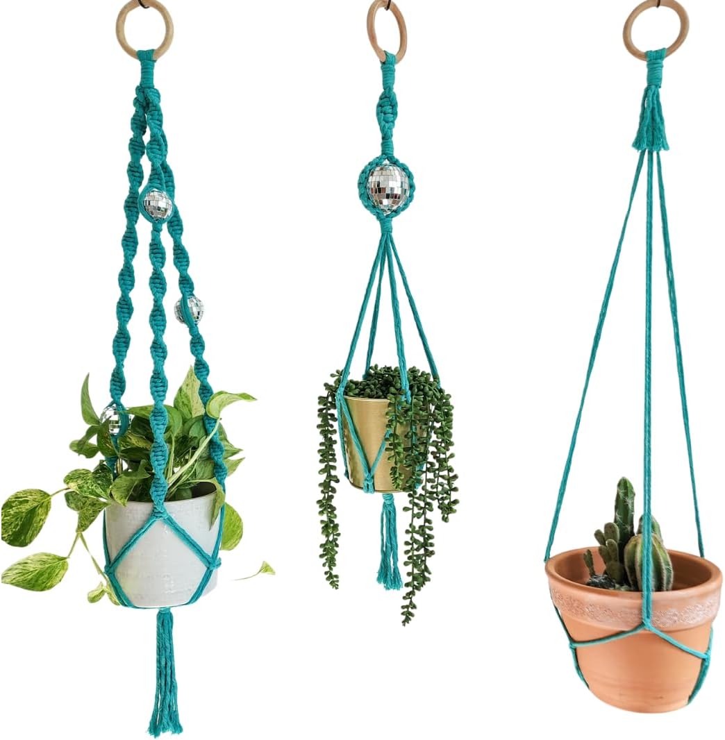 Set of 3 Macrame Plant Hanger | Disco ball decor Hanging planters for indoor plants Cool gifts for plant lovers Boho plant pots plant stand indoor Hanging planters for outdoor plants (Peacock Blue)