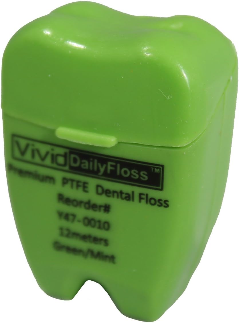 Vivid Premium Flavored PTFE Dental Floss With Color Coded Tooth Shape Case – 12 Meters – Pack of 72 (Mint, PTFE Floss)