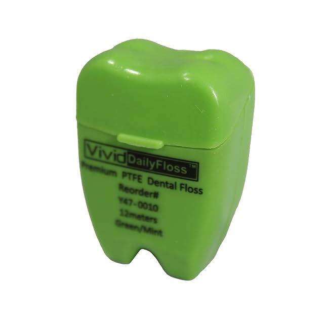 Vivid Premium Flavored PTFE Dental Floss With Color Coded Tooth Shape Case 12 Meters Pack of 72 Mint