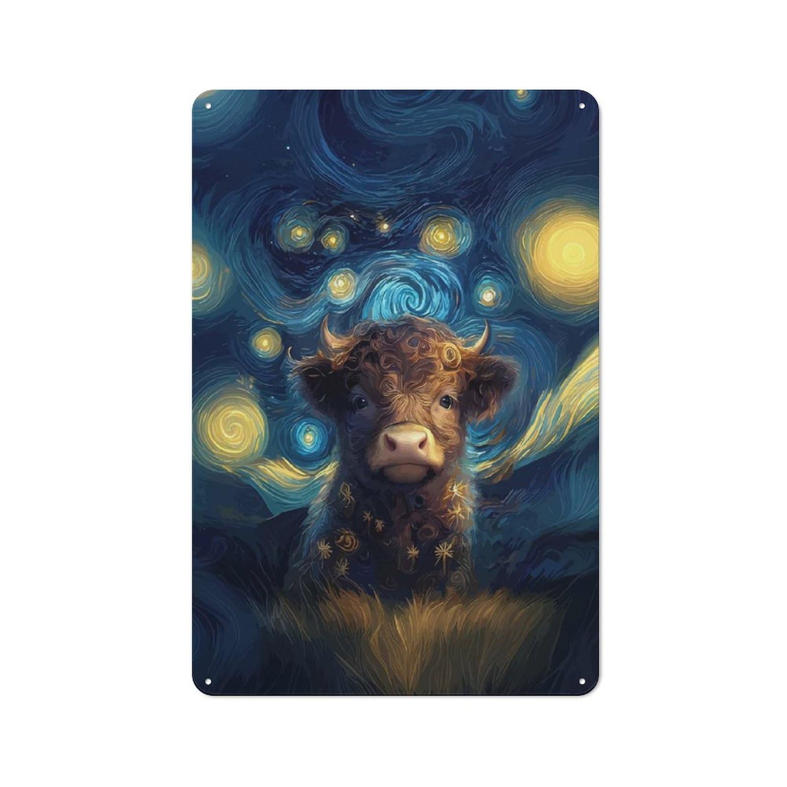 Junmoney Style-7 Tin Sign With Starry Night Highland Cow Design 30X20cm, Vintage Workshop Wall Decor For Tool Room, Garage, Studio Or Home Bar