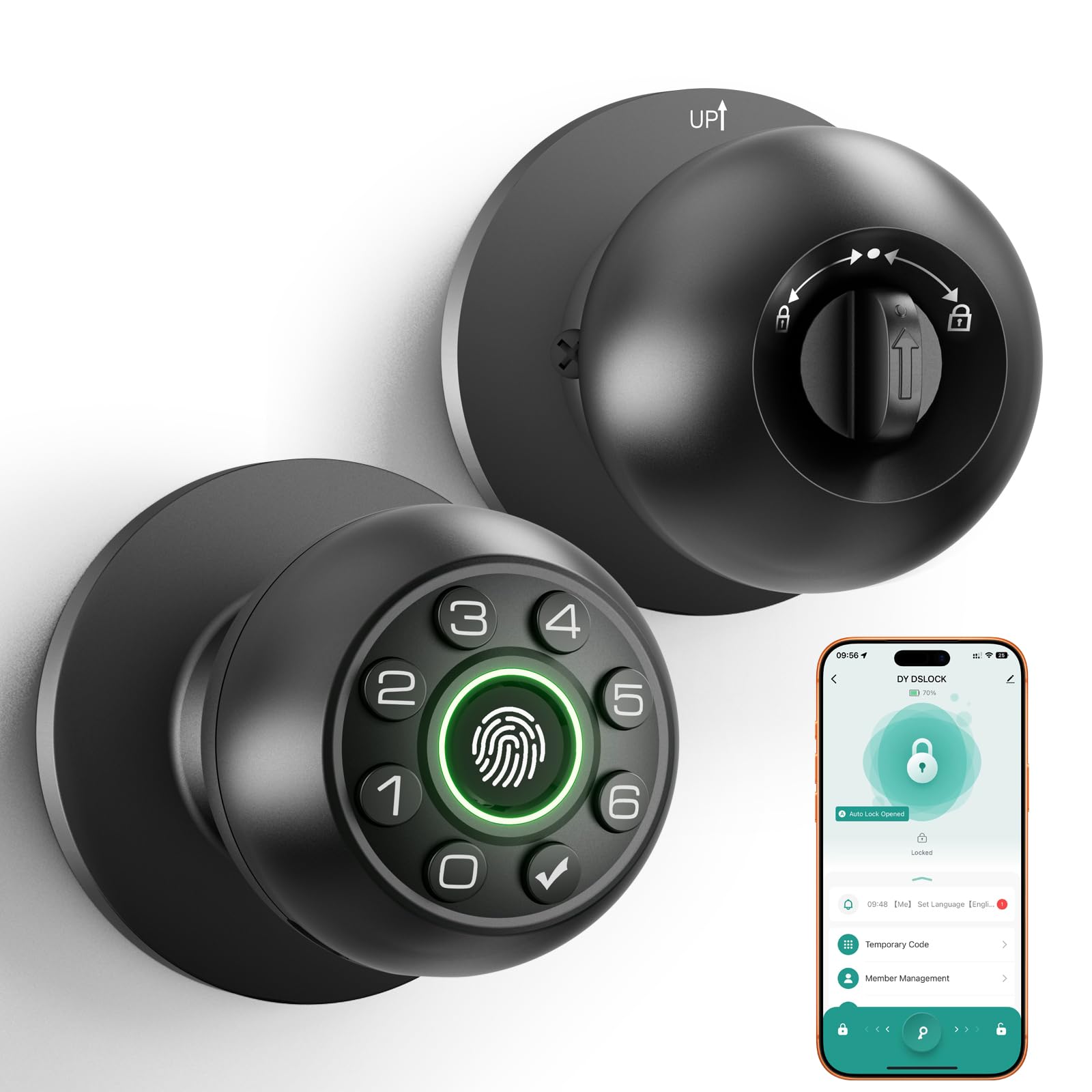 Serrure de porte à empreinte digitale - Bouton de porte intelligent (noir)