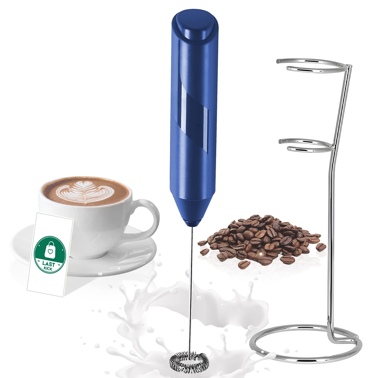 LAST KICKOriginal Milk Frother, Handheld Foam Maker for Lattes, Electric Stainless Steel Whisk Mixer for Coffee, Portable Foamer for Cappuccino, Chocolate Drink, 2AA Batteries (Blue)