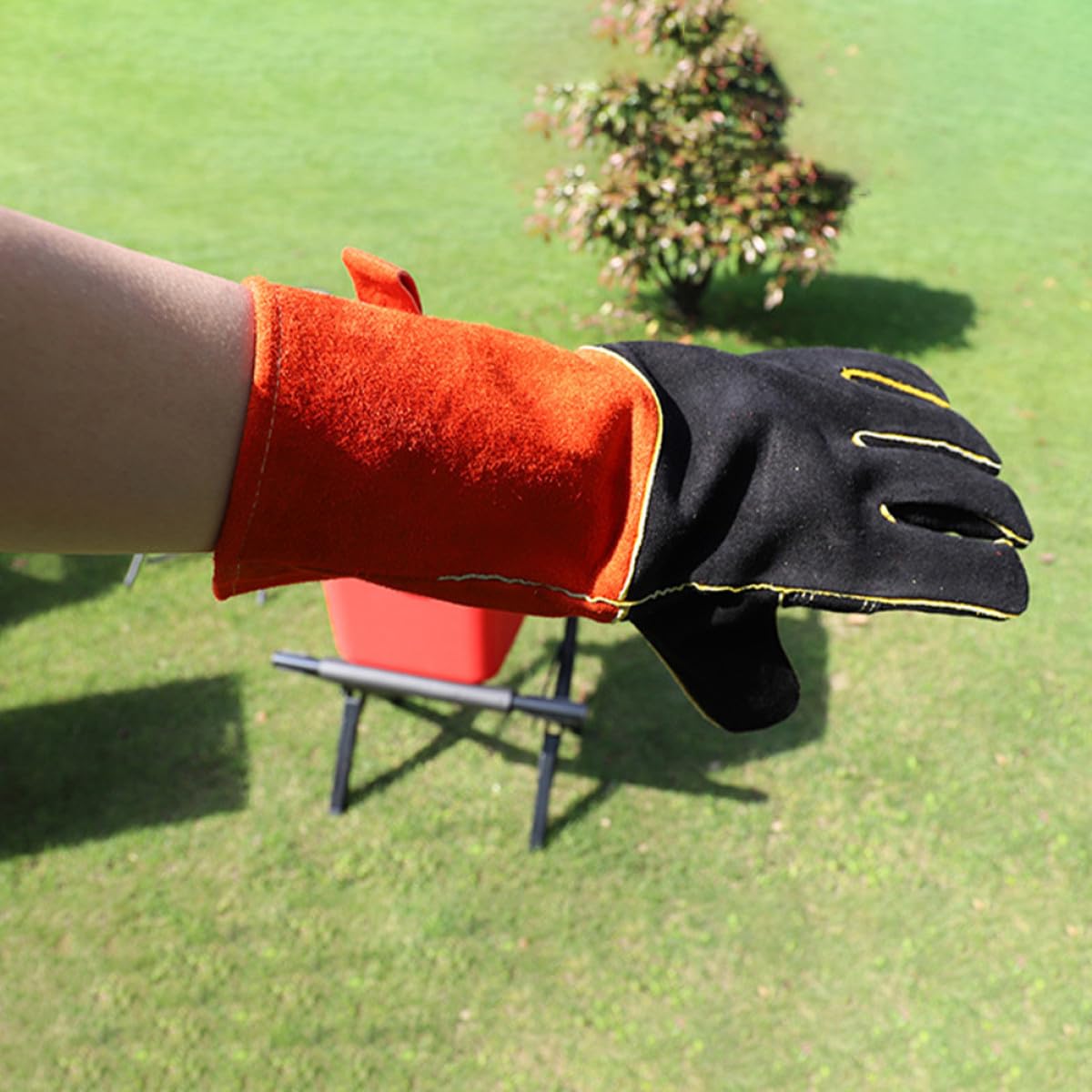 Tofficu Hitzebeständige Grillhandschuhe aus Leder mit Fünf Finger Design rutschfest und Umfassender Schutz für Küche und Outdoor Camping