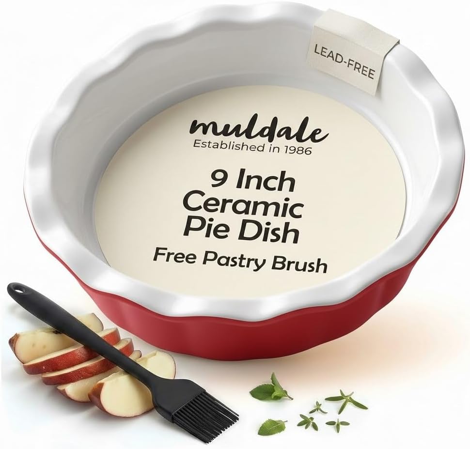 9 Inch Ceramic Pie Dish - Deep Fluted Oven-Safe Baking Pan for Apple, Pumpkin, Steak Pies - Dishwasher Safe, Red
