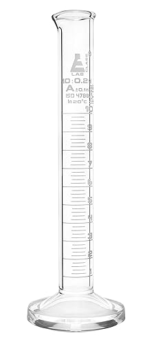 Cilindro de medición, 10 ml, clase A, ISO 4788-0,1 ml, graduaciones blancas, base redonda con boquilla, vidrio de borosilicato, laboratorios